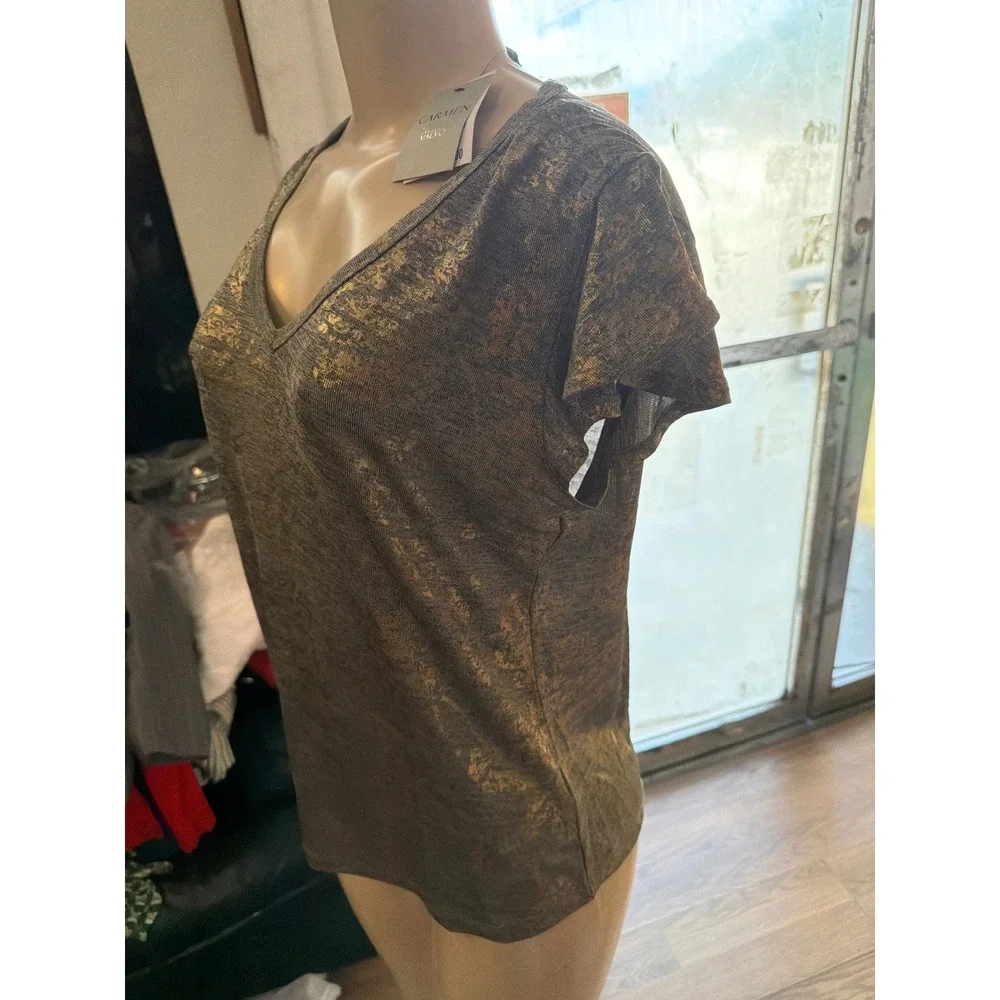 Carmen Marc Valvo Gold Metallic Floral Foil V-Neck Flutter Sleeve Top Grey M NWT - Picture 3 of 7